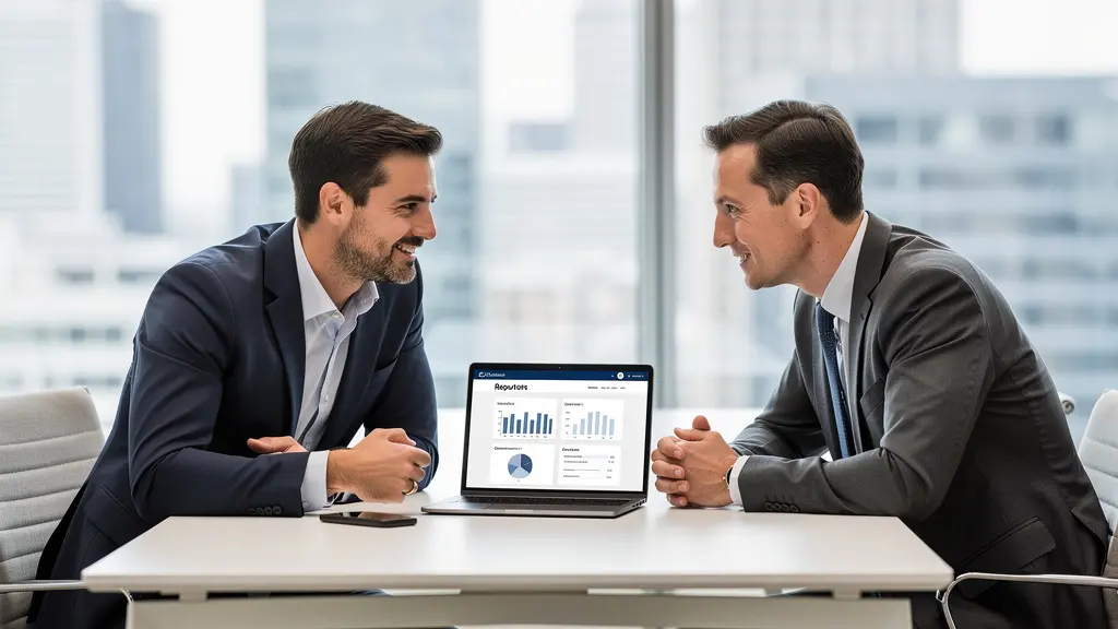 Deux professionnels européens analysant ensemble des profils de candidats sur écran lors d'une réunion