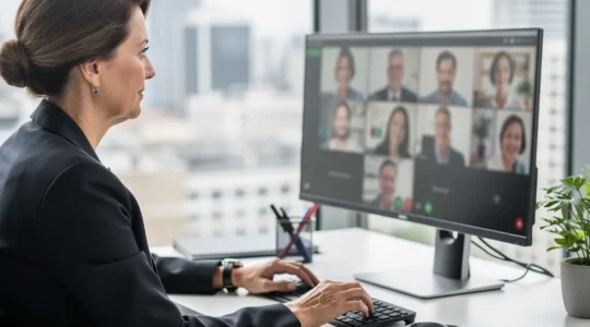 Cadre dirigeante européenne participant à une visioconférence internationale avec plusieurs collaborateurs