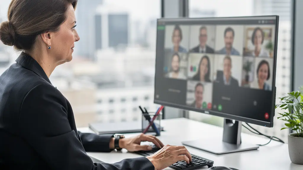 Cadre dirigeante européenne participant à une visioconférence internationale avec plusieurs collaborateurs