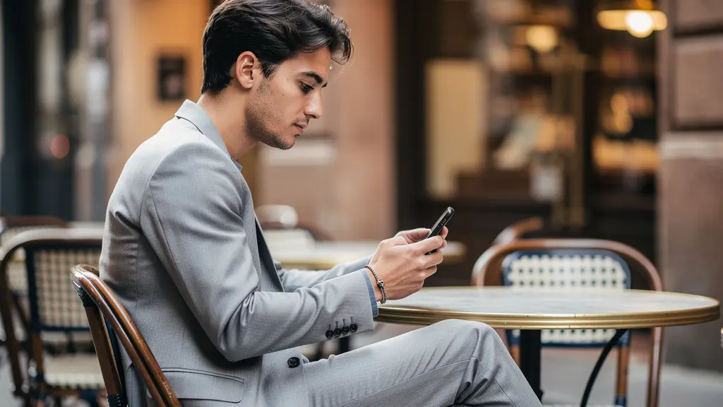 Personne consultant des offres d'emploi sur smartphone dans un café toulousain