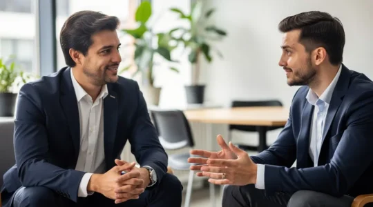 Conseiller en recrutement échangeant avec un candidat dans une agence d'emploi toulousaine